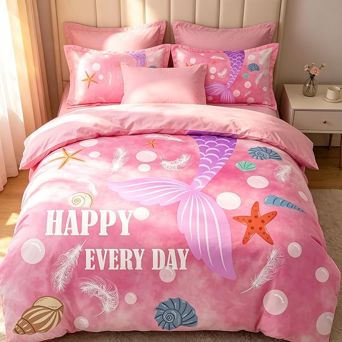Girls Pink Mermaid Tail Comforter Set King Size, Marine Life Soft Microfiber Bedding Set with Shells & Starfish Pattern, 3Pieces All Season Lightweight Summer Comforter Set for Girls