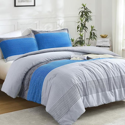 Litanika Bed Comforter Full Set Grey Blue, Striped Bedding Set, 3 Pieces Lightweight Soft All Season Down Alternative Comforter and 2 Pillowcases