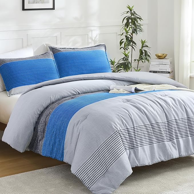 Litanika Bed Comforter King Set Grey Blue, Striped Bedding Comforter Set, 3 Pieces Lightweight Soft All Season Down Alternative Comforter (1 Comforter, 2 Pillowcases)