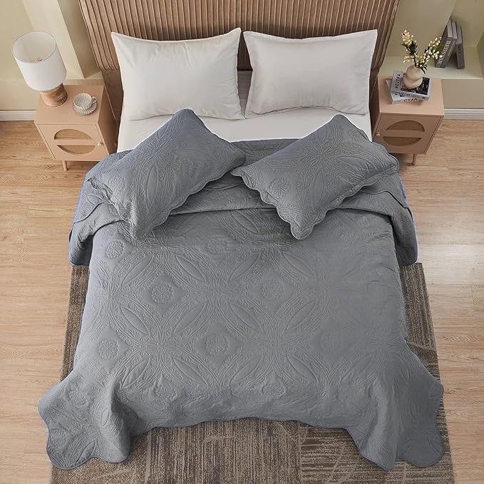 Oversized Cal King Bedspreads 120x120 for Extra Tall Split California King Bed Lightweight Quilted Coverlet Set 3 Pieces 1 Quilt 2 Pillow Shams Grey