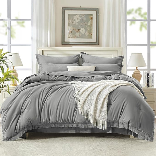 Andency California King Size Comforter Set with Sheets Medium Grey - 7 Pieces Cal King Bed in a Bag Boho Bedding Sets, Bed Set with Comforter, Sheets, Pillowcases & Shams