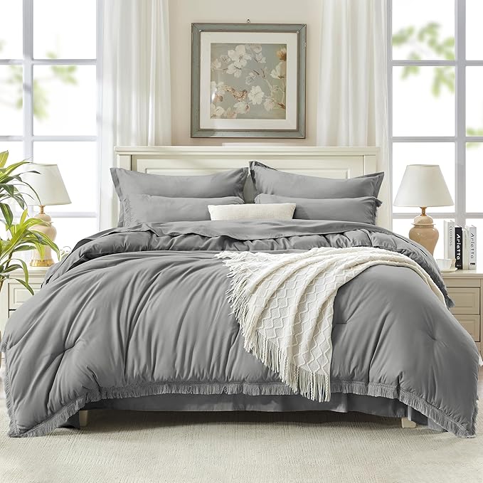 Andency Queen Comforter Set with Sheets Medium Grey - 7 Pieces Boho Tassel Bed in a Bag Soft Lightweight Bedding Sets, Fringe Bed Set with Comforter, Sheets, Pillowcases & Shams
