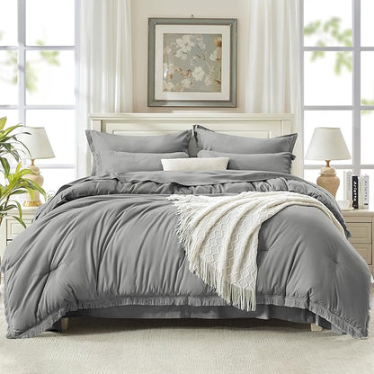 Andency Full Size Comforter Set Medium Grey -7 Pieces Boho Tassel Bed in a Bag Soft Lightweight Bedding Sets, Fringe All Season Bed Set with Comforter, Sheets, Pillowcases & Shams