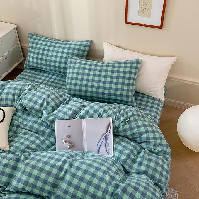 mixinni Green Gingham Grid Duvet Cover Queen, 100% Washed Cotton Modern Geometric Bedding Set with 2 Pillowcases, Farmhouse Style Blue Plaid Comforter Cover Set for Men & Women, Soft & Lightweight
