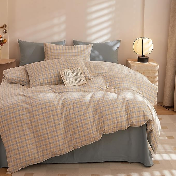 HighBuy Yellow Gingham Comforter Set Queen Size Plaid Comforter Queen Set Modern Checkered Grid Bedding Comforter Hotel Luxury Comfy Fluffy Bedding Sets for Men Teen,Easy Care