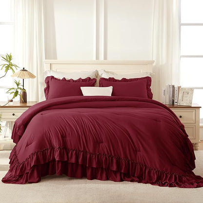 Andency Burgundy Ruffle Comforter Set King, Shabby Chic Farmhouse Bedding Comforter, Soft Lightweight Fluffy Polyester Bet Set All Season 3 Pieces Solid Comforter Set