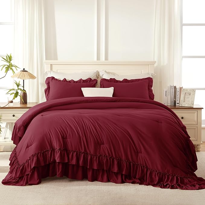 Andency Burgundy California King Comforter Set, 3 Pieces Lightweight Fluffy Farmhouse Shabby Chic Bedding Comforter Sets, Soft Polyester All Season Cal King Bed Sets(104x96Inch)