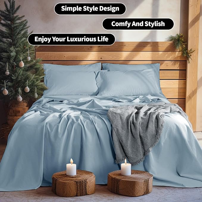 LBRO2M 100% Pure Linen Sheet Set Deep Pocket Up to 16" Bed Sheets Sets, Natural Flax Beddings Soft, Breathable, Comfortable for All Seasons 6 Pcs Sheet Set Full Size, Dusty Blue
