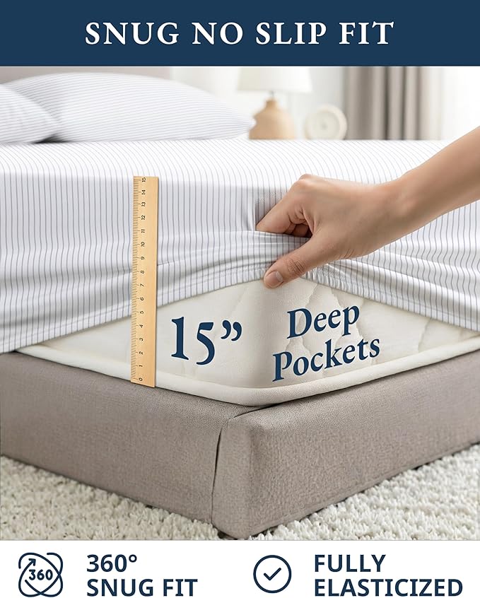 LANE LINEN 100% Organic Cotton Printed California King Sheets Set, 4-Piece All Season Fully Elasticized Deep Pocket Fits Mattress Upto 15", Mercerized Printed Cal King Sheet Set -Ticking Stripe Blue