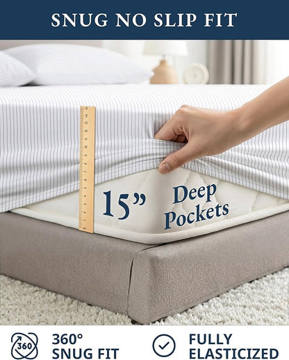 LANE LINEN 100% Organic Cotton Printed California King Sheets Set, 4-Piece All Season Fully Elasticized Deep Pocket Fits Mattress Upto 15", Mercerized Printed Cal King Sheet Set -Ticking Stripe Blue