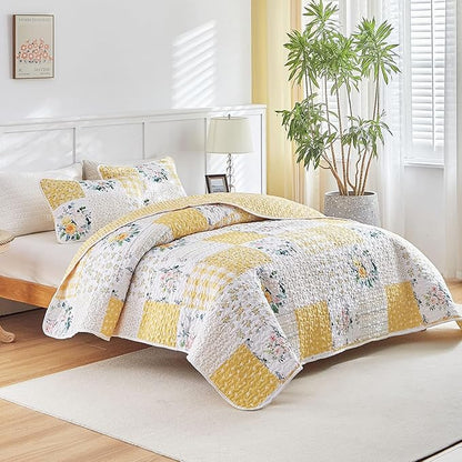 Joyreap 3 Pieces Patchwork Quilt Set California King, 102x114 inches- Yellow n White Flowers Design, Smooth Soft Microfiber Quilt, Bedspread Bed Cover for All Season
