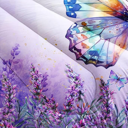 Lavender Comforter Set King Size,Violet Flower Butterfly 3 Piece Bedding Set Lightweight Down Alternative Spring Violet Bed Comforter and 2 Pillowcases for All Seasons