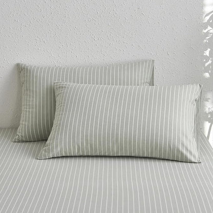 MooMee Bedding Pillowcases Striped Pack of 2 100% Washed Cotton Linen Like Textured Breathable Durable Soft Comfy (Sage Green White Wide Stripes, Queen)