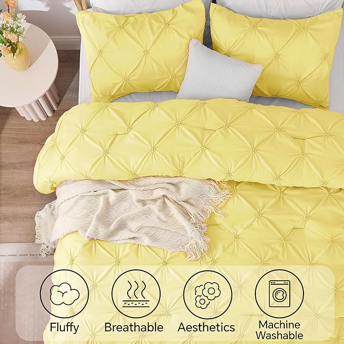 BEDELITE Light Yellow Twin Comforter Set - 2 Peices Boho Pintuck Bedding Comforter Sets, Lightweight Soft & Warm Twin Bedding Sets with 1 Pillowcase for All Season