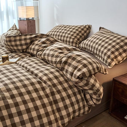 EAVD Vintage Style Brown&Beige Plaid Duvet Cover Set King Soft 100% Washed Cotton Like Linen Feel 3-Piece Checkered Gingham Duvet Cover with 2 Pillowcases Retro Buffalo Plaid Bedding Set with Zipper