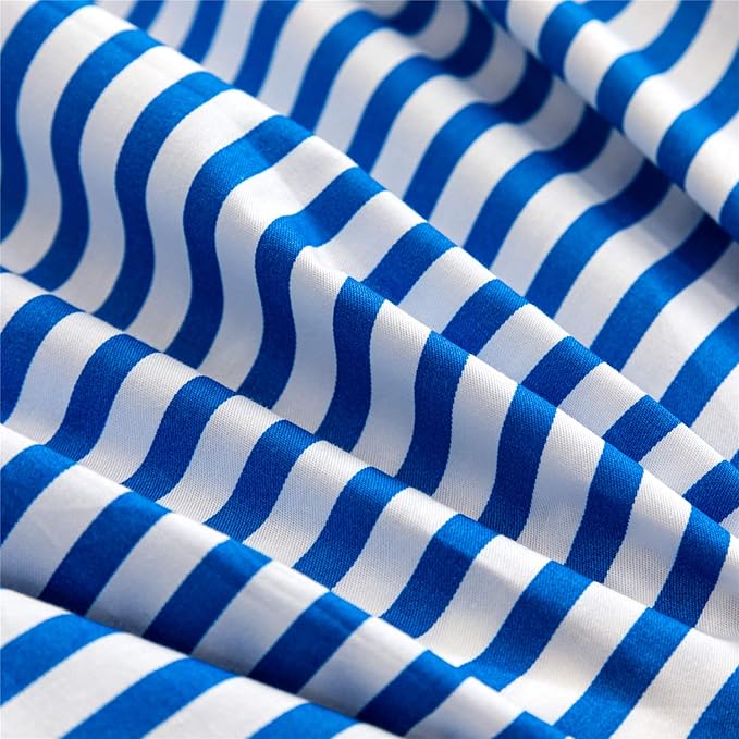 JELLYMONI 100% Natural Cotton 3pcs Striped Duvet Cover Sets,White Duvet Cover with Blue Stripes Pattern Printed Comforter Cover,with Zipper Closure & Corner Ties(Queen Size)