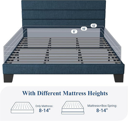 Allewie King Size Platform Bed Frame with Fabric Upholstered Headboard Blue | Wooden Slats Support, Fully Upholstered Mattress Foundation, No Box Spring Needed, Easy Assembly, Noise-Free, Blue