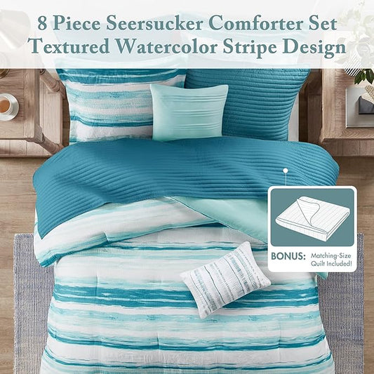 Madison Park Marina Comforter Quilt Combo Set - Modern Luxury Design, All Season Down Alternative Bedding, Matching Shams, Decorative Pillows, Full/Queen(90"x90"), Aqua 8 Piece