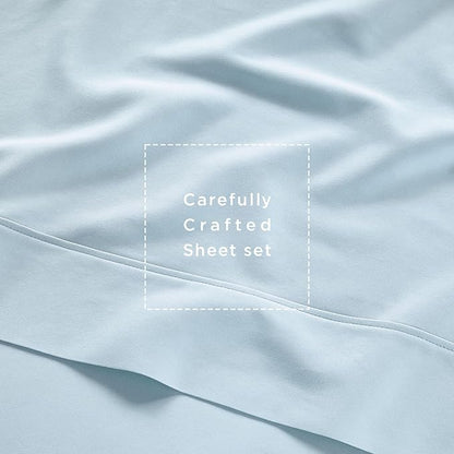 Threadmill 100% Cotton Sheets for King Size Bed | 4 Pc King Bed Sheets Set | Soft, Breathable Lightweight Solid Sateen for All-Season Use | Snug Fit Elastic Deep Pocket King Sheets | Light Blue