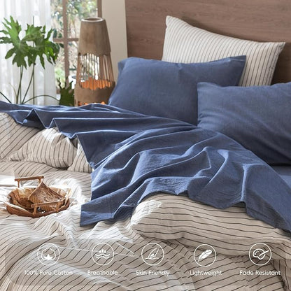 MooMee Bedding Sheet Set 100% Cotton Linen Like Textured Breathable Durable Soft Comfy (Heathered Blue, Queen)