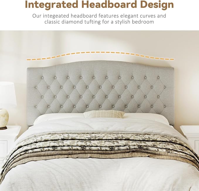 Queen Headboard Only, Linen Classic Tufted Design, Gray Linen | 2 installation options: 1.bed frame mount 2.wall mount (for adjustable bed), Classic hand-tufted headboard king size