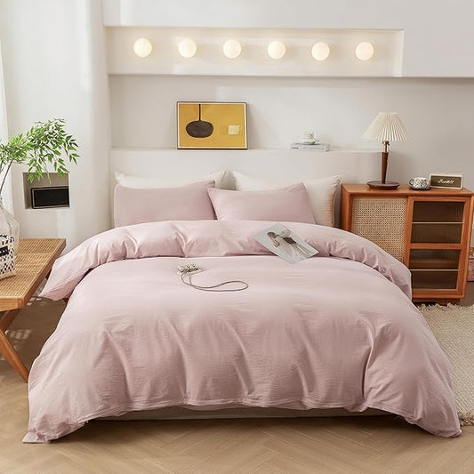 ECOCOTT Duvet Cover Set, 100% Washed Cotton Linen-Like Soft & Breathable, Durable Comfy Bedding Set for All Seasons Twin Size (Greyish Pink)
