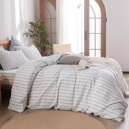 BESTOUCH Duvet Cover Set 100% Washed Cotton Linen Feel Super Soft Comfortable Chic Lightweight 3 PCs Home Bedding Set White & Cornflower Blue Stripes Queen