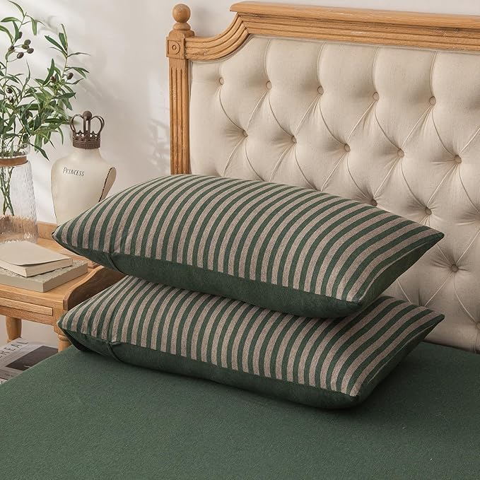 PURE ERA Jersey Knit Pillowcases 100% T-Shirt Cotton Super Soft Comfy Breathable, Set of 2, Queen 20" x 30", Forest Green Stripe