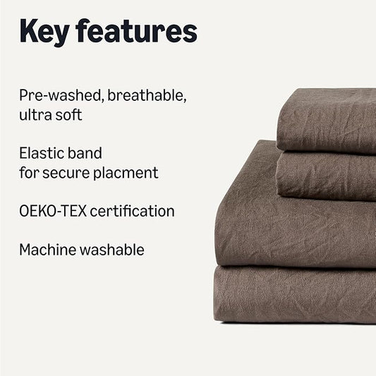 Amazon Basics Queen Bed Sheet, 4-Piece Bedding Set, Double Brushed Microfiber, Ultra Soft, Easy Care, Brown