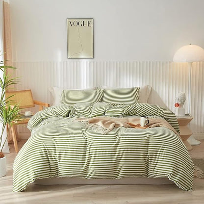 Striped Comforter Set Queen Size 3 Pieces Lightweight Striped Bedding Comforter Set Green White Stripes Pattern Farmhouse Bed Set Soft Fluffy Comforter with 2 Pillowcases for All Seasons Queen Size