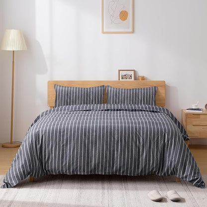 TOCOMOA Striped Duvet Cover Set 100% Natural Cotton Soft Comfy Breathable 3 Piece Grey and White Pattern Printed Comforter Cover Bedding Set (King 104"x90", Comforter Not Included)