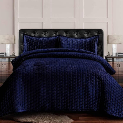 Tribeca Living Lugano Oversized Velvet Quilt Set - All Season, Extra Large, 2 Piece Twin Size Comforter Set with 1 Pillow Sham in Navy Blue Honeycomb Pattern 260GSM