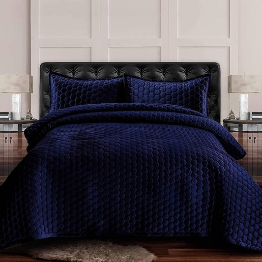Tribeca Living Lugano Oversized Velvet Quilt Set - All Season, Extra Large, 3 Piece Queen Size Comforter Set with 2 Pillow Shams in Navy Blue Honeycomb Pattern 260GSM