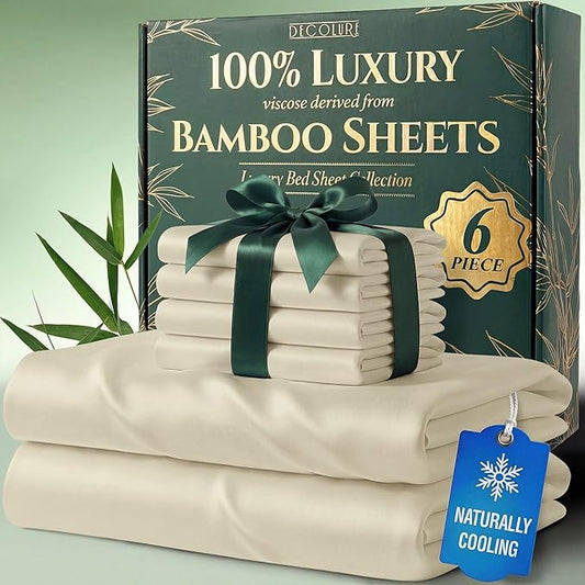 DECOLURE 100% Viscose Derived from Bamboo Sheets Full Size - Luxury 6 Pc Naturally Cooling Sheets, Ultra Soft Bed Set - Deep 17" Pockets, Durable Double Stitching, Oeko Tex Standard (Creme)