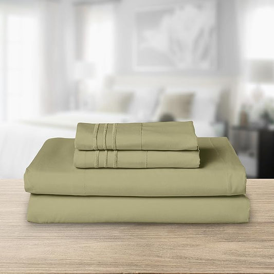 Elegant Comfort Luxurious 1500 Premium Hotel Quality Microfiber Three Line Embroidered Softest 4-Piece Bed Sheet Set, Wrinkle and Fade Resistant, Queen, Sage-Green
