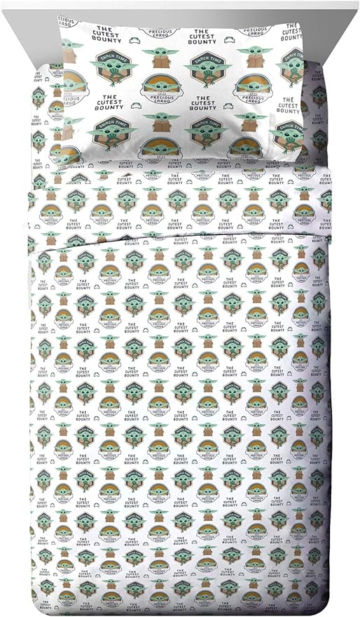 Jay Franco Kids Sheet Cartoon Set with Fitted, Flat Sheets & Pillow Cover - Ultra-Soft Bedding with Pillowcase for Room Decor, White - Mandalorian, 3 Piece Twin
