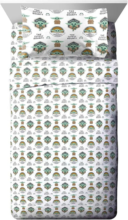 Jay Franco Kids Sheet Cartoon Set with Fitted, Flat Sheets & Pillow Cover - Ultra-Soft Bedding with Pillowcase for Room Decor, White - Mandalorian, 4 Piece Full