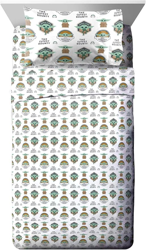 Jay Franco Kids Sheet Cartoon Set with Fitted, Flat Sheets & Pillow Cover - Ultra-Soft Bedding with Pillowcase for Room Decor, White - Mandalorian, 4 Piece Full