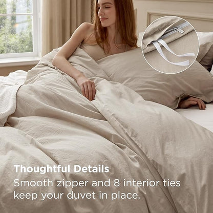 Bedsure 100% Washed Cotton Duvet Cover Twin - Oatmeal Minimalist Bedding Set Linen Like - PureWoven Plain Simple & Soft Comforter Cover for All Seasons (Oatmeal, Twin, 68"x90")