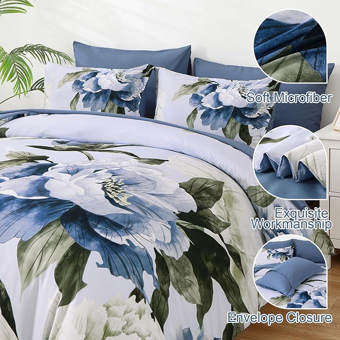 Dobuyly Blue King Size Comforter Set 7 Piece Bed in a Bag King, Blue Floral Printed on Light Blue Comforter Set with Sheets, Soft Microfiber Botanical Complete Bedding Set for All Season