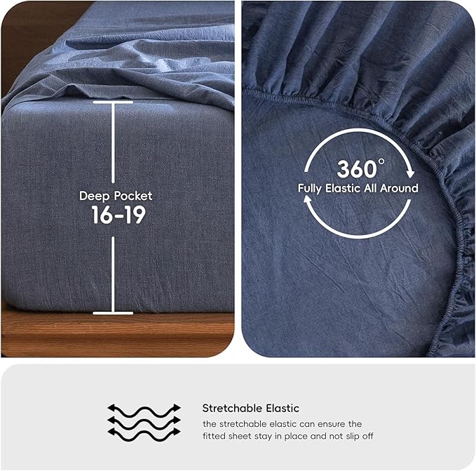 MooMee Bedding Sheet Set 100% Cotton Linen Like Textured Breathable Durable Soft Comfy (Heathered Blue, Queen)