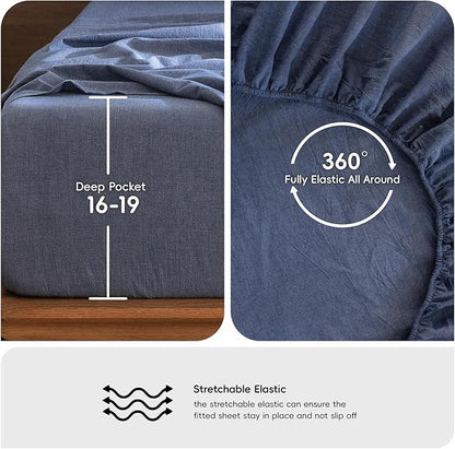 MooMee Bedding Sheet Set 100% Cotton Linen Like Textured Breathable Durable Soft Comfy (Heathered Blue, Queen)
