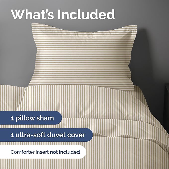 Duvet Cover Twin/Twin XL Size Set - Extra Soft Twin/Twin XL Duvet Cover 68" x 90" with 1 Pillow Sham - Hotel Luxury, Fade Free w/ Zipper Closures & Ties - Comfy, Cozy and Breathable (Beige Stripes)