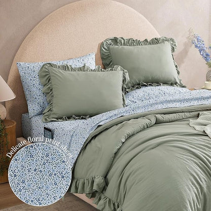 Full Comforter Set - 7 Pieces Ruffle Sage Green Bedding Sets, Shabby Chic Farmhouse Bed in a Bag Full with Ruffle Comforter, Floral Sheets, Pillowcases & Shams