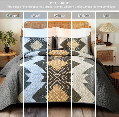 Dintszyayue Grey Boho Quilt Set Queen, Aztec Western Quilt Bedspread Set, 3 Pieces Texture Bedspread Southwestern Bedding Set, Soft Lightweight Coverlet Set for All Season with 2 Pillowcases