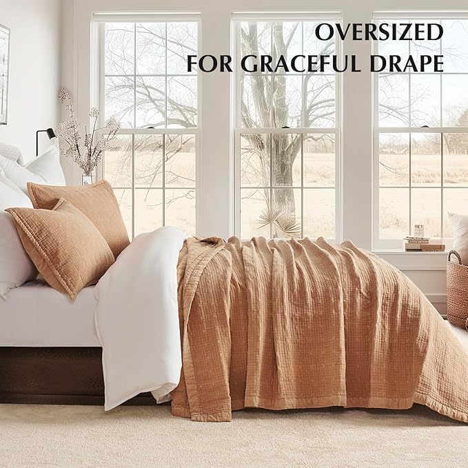EVERGRACEHOME Stonewashed Cotton Quilt Set King Size, Ultra Soft Oversized Bedspread Coverlet Set, Lightweight Crinkle Box Stitch Bedding Sets for All Season, with 2 Shams, Terracotta