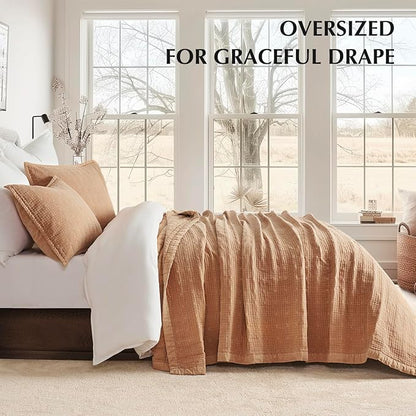 EVERGRACEHOME Stonewashed Cotton Quilt Set King Size, Ultra Soft Oversized Bedspread Coverlet Set, Lightweight Crinkle Box Stitch Bedding Sets for All Season, with 2 Shams, Terracotta