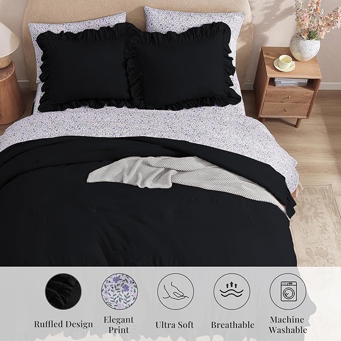 Queen Comforter Set - 7 Pieces Ruffle Black Bedding Sets, Shabby Chic Farmhouse Bed in a Bag Queen with Ruffle Comforter, Floral Sheets, Pillowcases & Shams