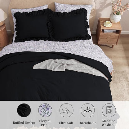 King Comforter Set - 7 Pieces Ruffle Black Bedding Sets, Shabby Chic Farmhouse Bed in a Bag King with Ruffle Comforter, Floral Sheets, Pillowcases & Shams