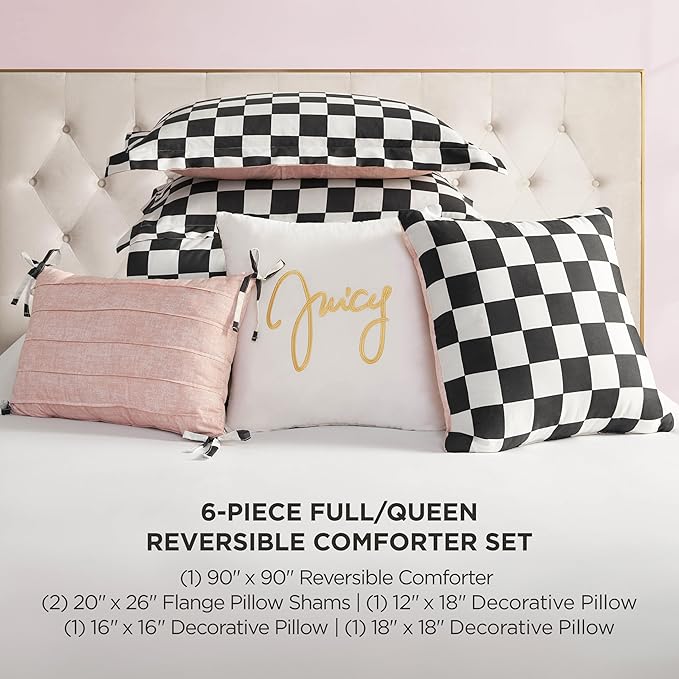 Juicy Couture Reversible Checkerboard Comforter Set 6-Piece Full/Queen Set, Black/White